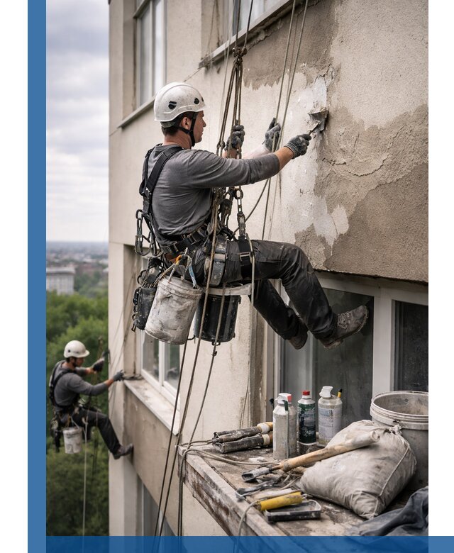 Косметический ремонт фасада зданий в Александрове промышленными альпинистами