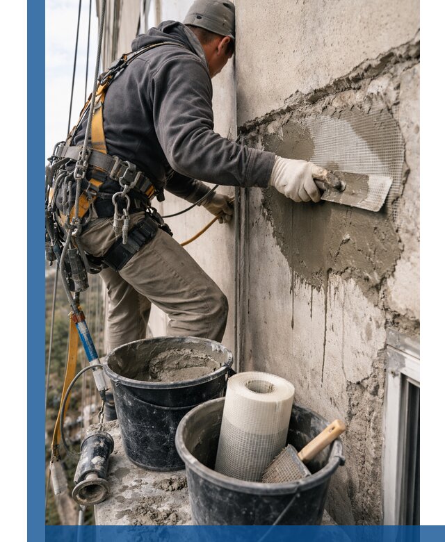 Ремонт бетонных элементов фасада промышленными альпинистами в Александрове