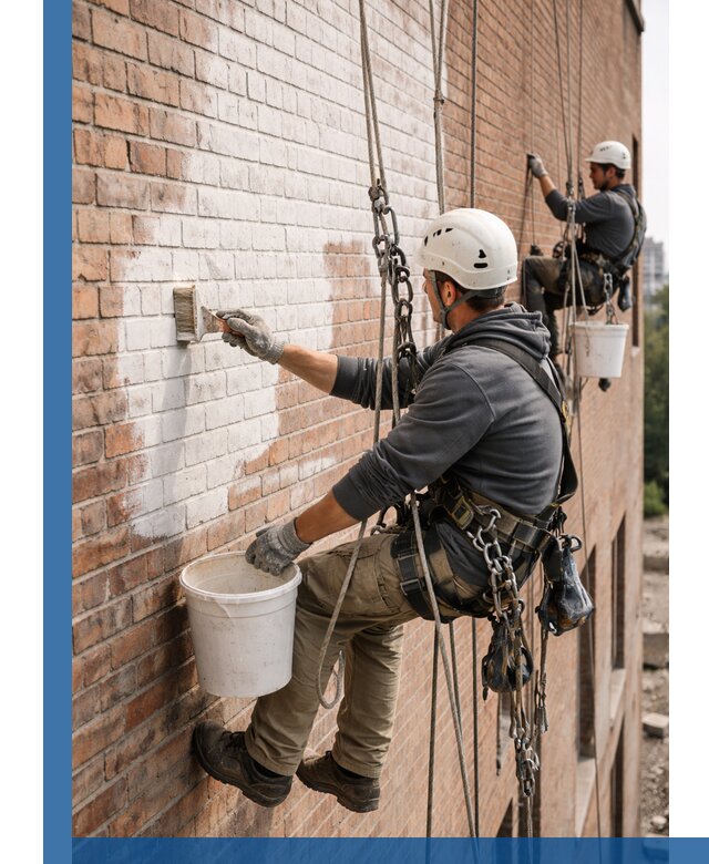 Покраска кирпичного фасада с доступным альпинистским сервисом в Александрове