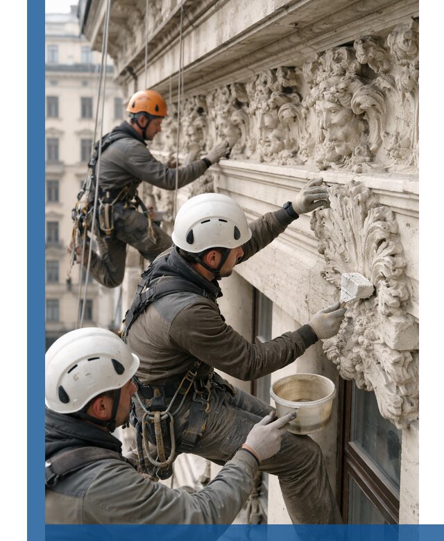 Реставрация фасадной лепнины с высотными работами в Александрове