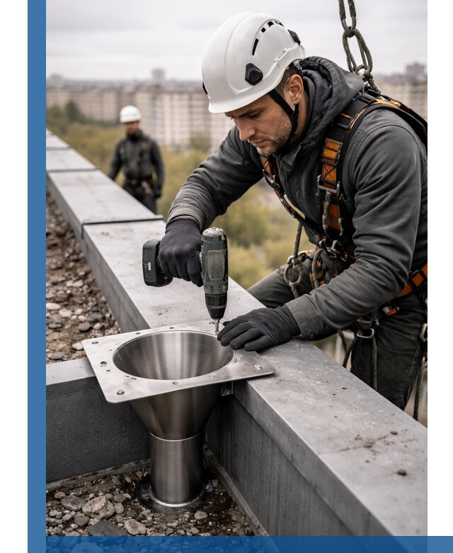 Монтаж водосточных воронок в Александрове для промышленных зданий