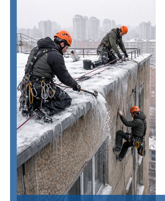 Удаление наледи с кровли в Александрове промышленными альпинистами