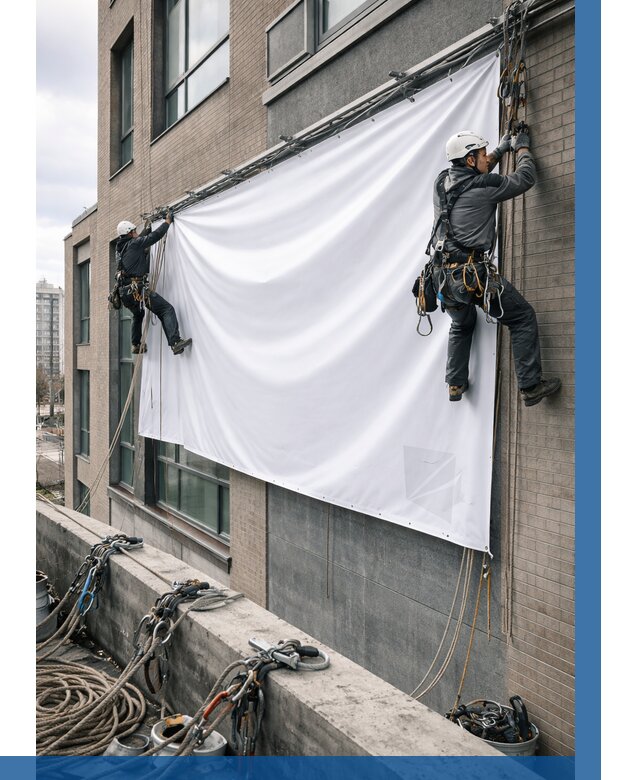 Монтаж баннеров на фасаде в Александрове от 696 р. заказать ВЫСОТНИК-Лкн