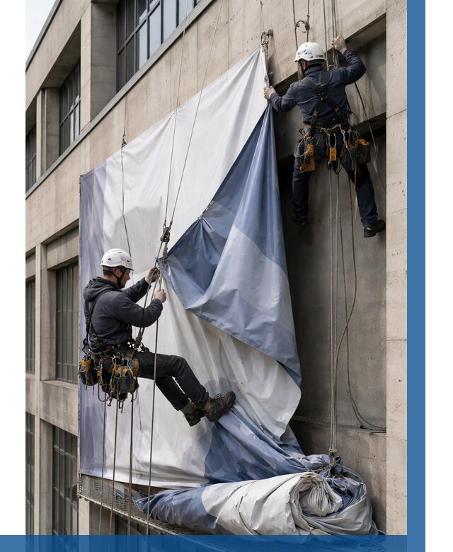 Демонтаж баннеров с фасада в Александрове от 4820 р. | ВЫСОТНИК-Лкн