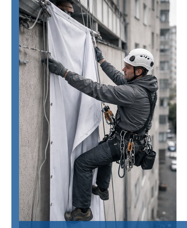Замена баннерного полотна промышленными альпинистами в Александрове