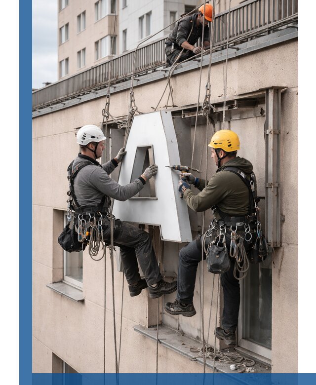 Ремонт и восстановление наружных вывесок на высоте в Александрове