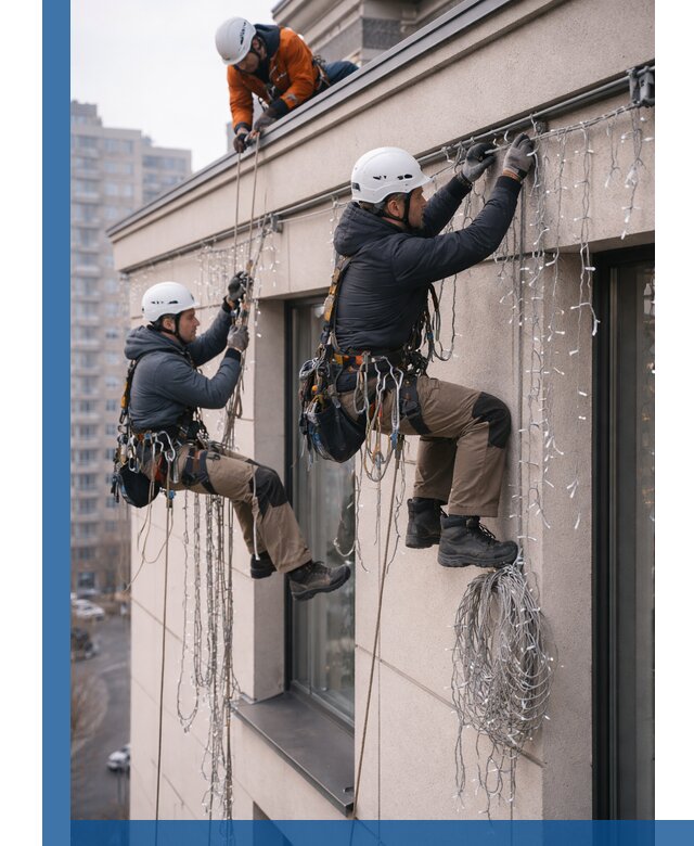 Монтаж праздничных гирлянд на фасаде в Александрове для зданий