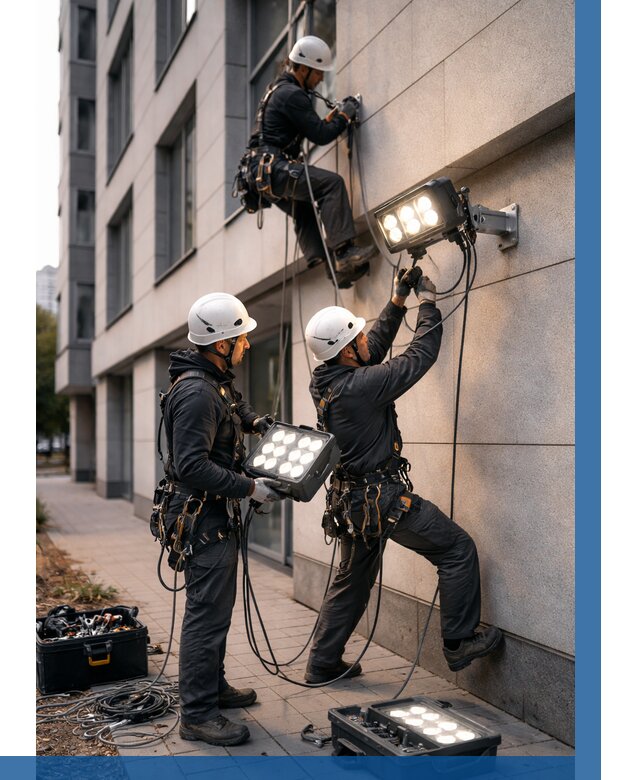 Монтаж прожекторов на фасаде в Александрове от 8033 р. | ВЫСОТНИК-Лкн