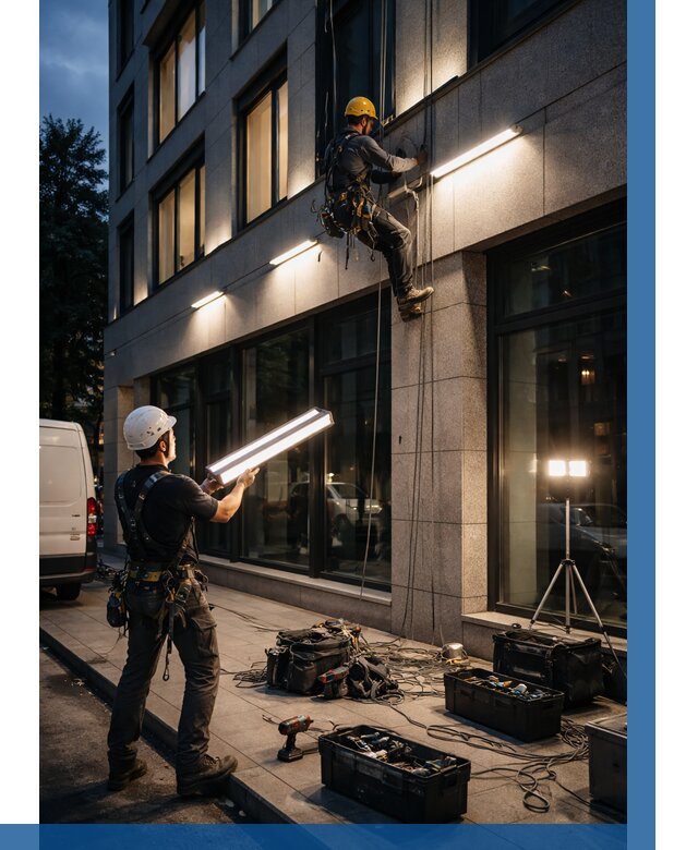 Монтаж архитектурной подсветки здания в Александрове от 2678 р.|ВЫСОТНИК-Лкн