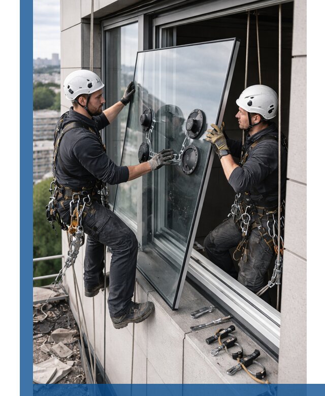 Замена стеклопакетов на высоте с промышленными альпинистами в Александрове