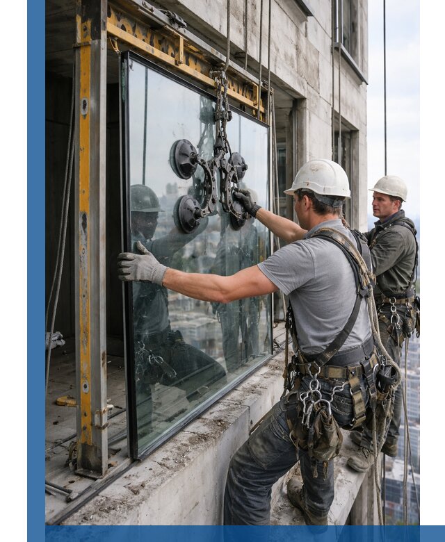 Монтаж стеклопакетов на высоте в Александрове с промышленным альпинизмом