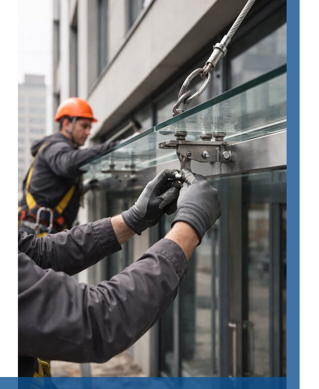 Монтаж стеклянных козырьков в Александрове от 9104 р. | ВЫСОТНИК-Лкн