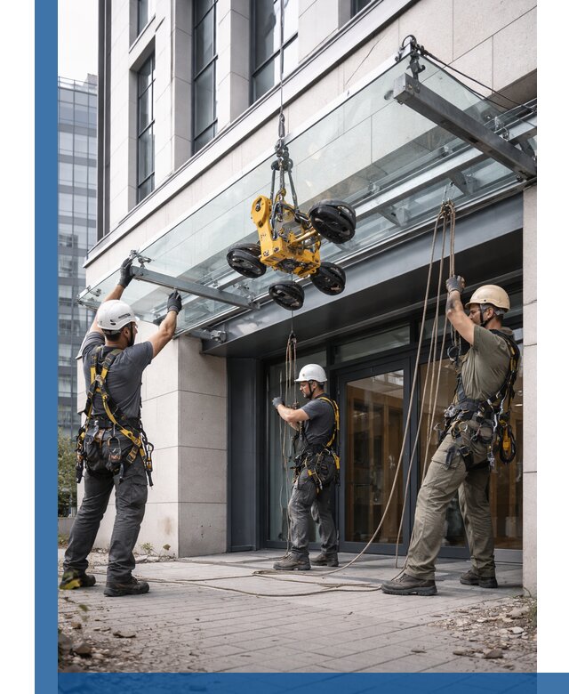 Монтаж стеклянных козырьков под ключ в Александрове для зданий