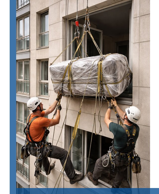 Подъем грузов через окно в Александрове промышленными альпинистами